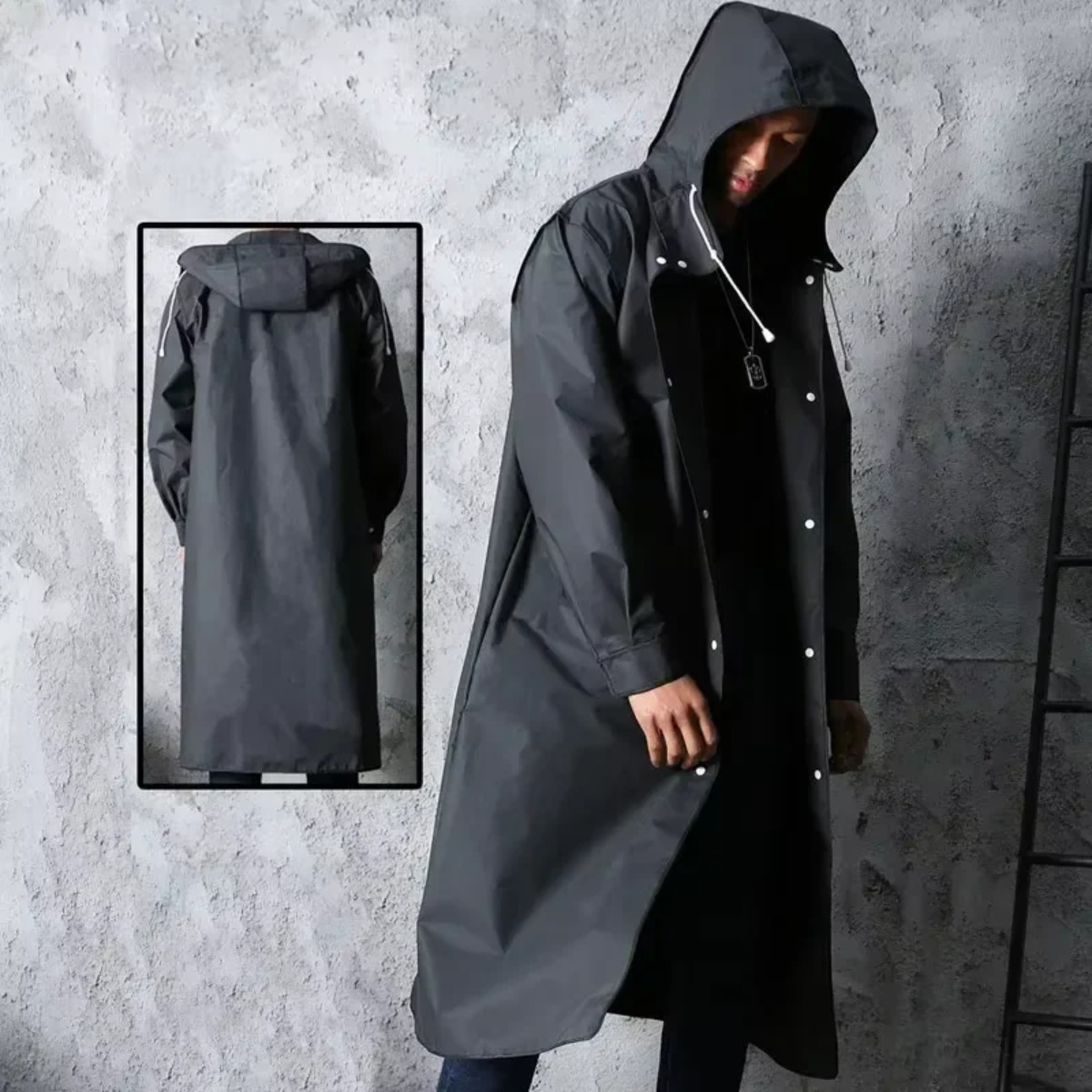 おしゃれな防水フード付きレインコート、ユニセックス、黒、厚手 - Camping Rain Poncho のレビューと価格